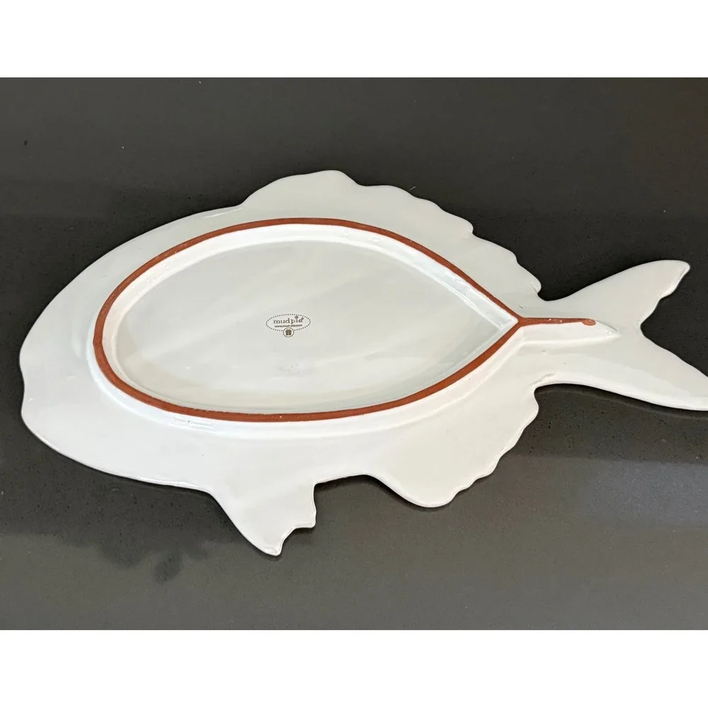 Vtg Mud‎ Pie White Ceramic Fish Platter Embossed Scale Coastal Serving Tray